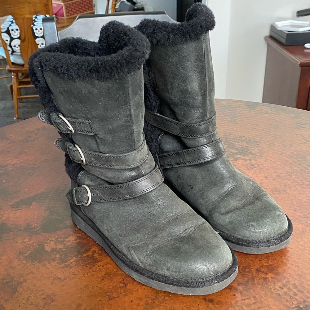 UGG Charcoal Shearling Triple Buckle Boots